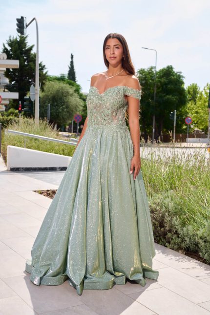 Φόρεμα maxi lurex με κεντημένα floral σχέδια μέντα