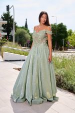Φόρεμα maxi lurex με κεντημένα floral σχέδια μέντα