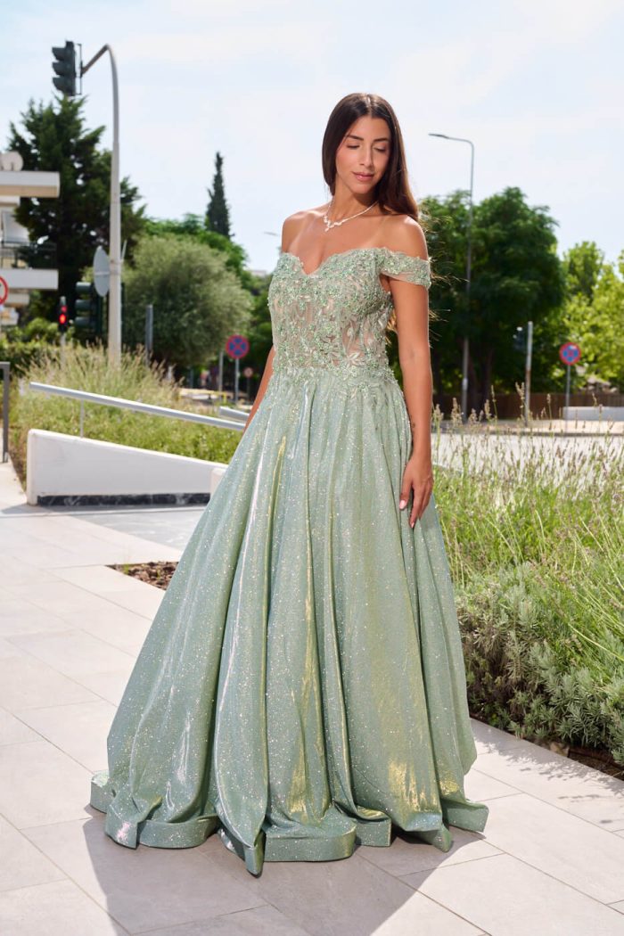 Φόρεμα maxi lurex με κεντημένα floral σχέδια μέντα