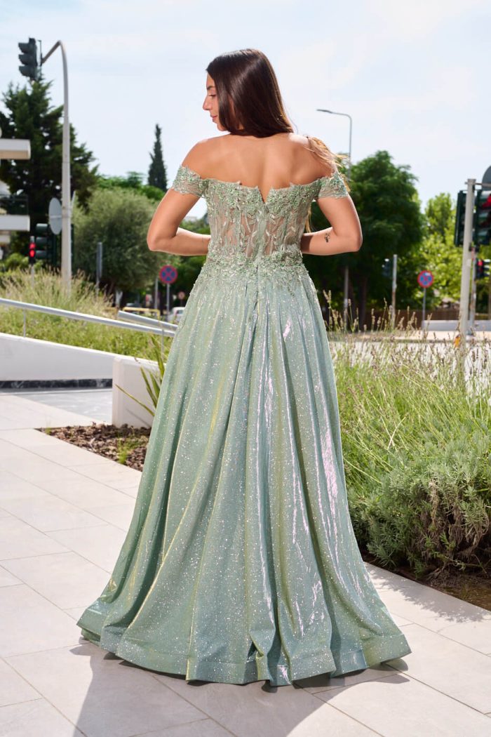 Φόρεμα maxi lurex με κεντημένα floral σχέδια μέντα