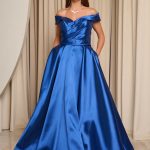 Φόρεμα maxi κλος σατέν off shoulder με πιέτες midnight blue