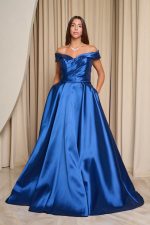 Φόρεμα maxi κλος σατέν off shoulder με πιέτες midnight blue