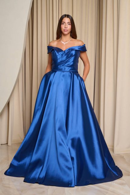Φόρεμα maxi κλος σατέν off shoulder με πιέτες midnight blue