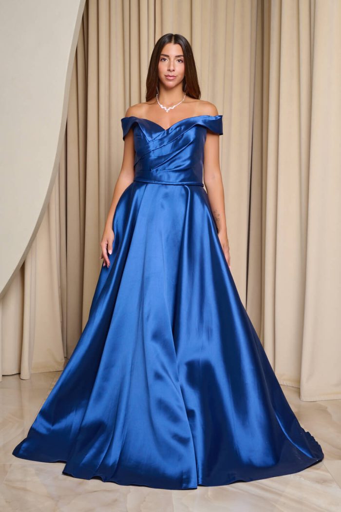 Φόρεμα maxi κλος σατέν off shoulder με πιέτες midnight blue