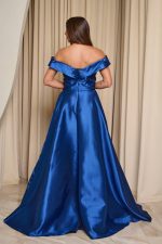 Φόρεμα maxi κλος σατέν off shoulder με πιέτες midnight blue