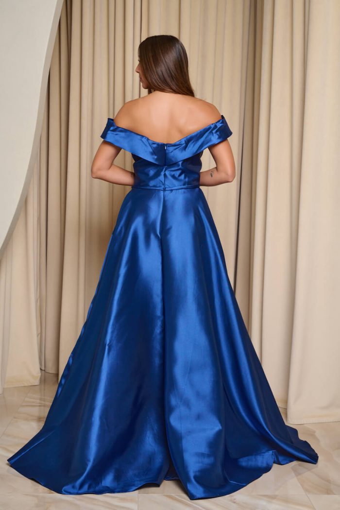 Φόρεμα maxi κλος σατέν off shoulder με πιέτες midnight blue