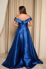 Φόρεμα maxi κλος σατέν off shoulder με πιέτες midnight blue