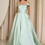 Φόρεμα maxi κλος σατέν off shoulder με πιέτες μέντα