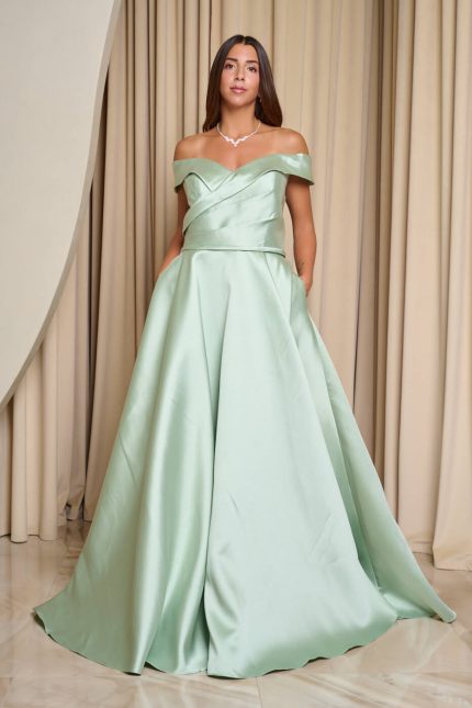 Φόρεμα maxi κλος σατέν off shoulder με πιέτες μέντα