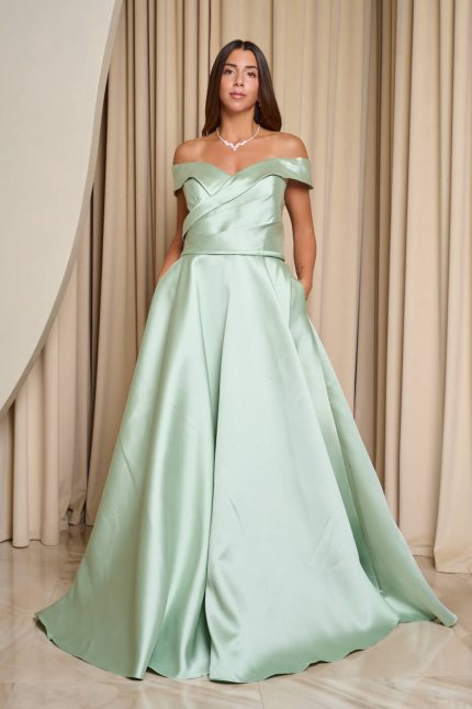 Φόρεμα maxi κλος σατέν off shoulder με πιέτες μέντα
