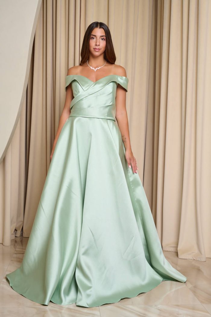 Φόρεμα maxi κλος σατέν off shoulder με πιέτες μέντα