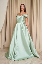 Φόρεμα maxi κλος σατέν off shoulder με πιέτες μέντα