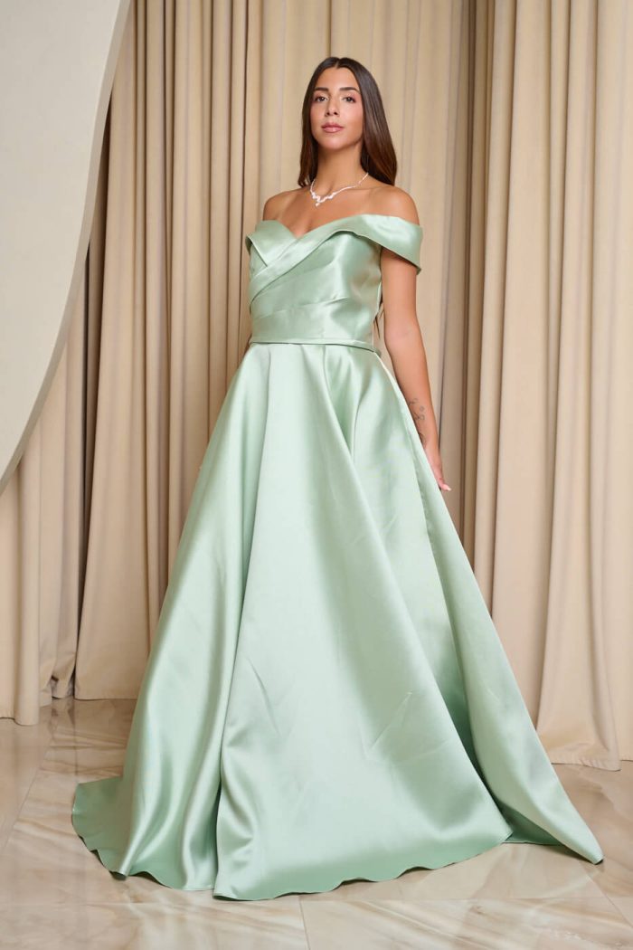 Φόρεμα maxi κλος σατέν off shoulder με πιέτες μέντα