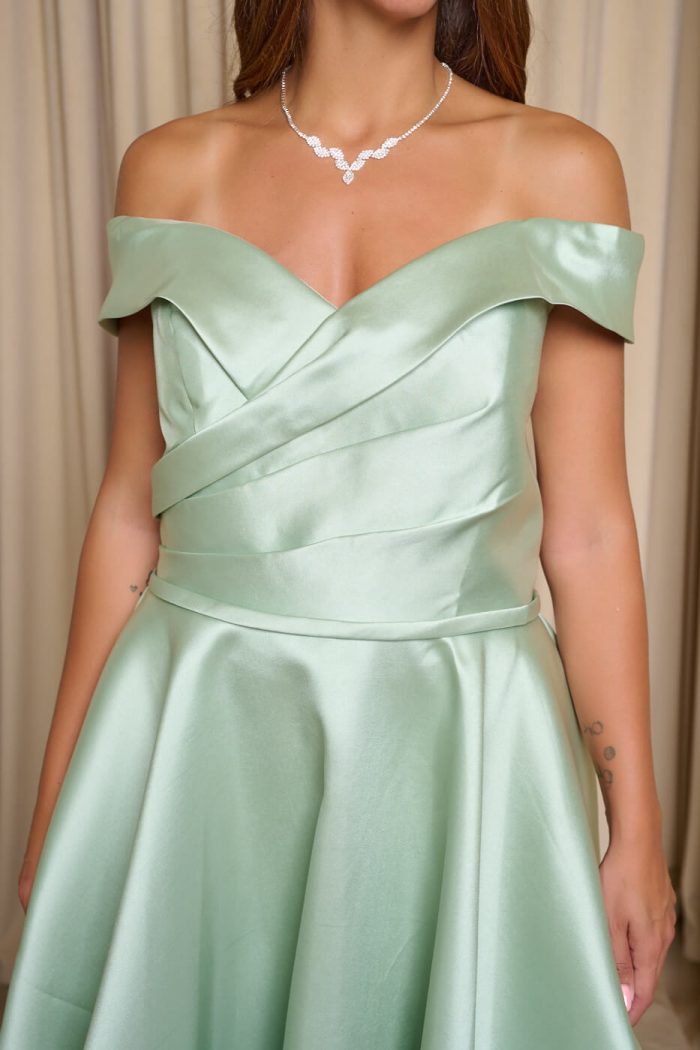Φόρεμα maxi κλος σατέν off shoulder με πιέτες μέντα