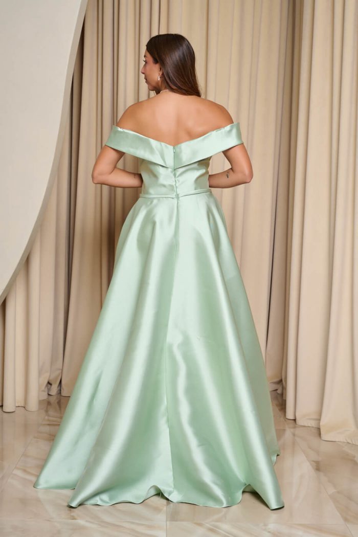 Φόρεμα maxi κλος σατέν off shoulder με πιέτες μέντα
