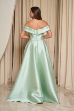 Φόρεμα maxi κλος σατέν off shoulder με πιέτες μέντα