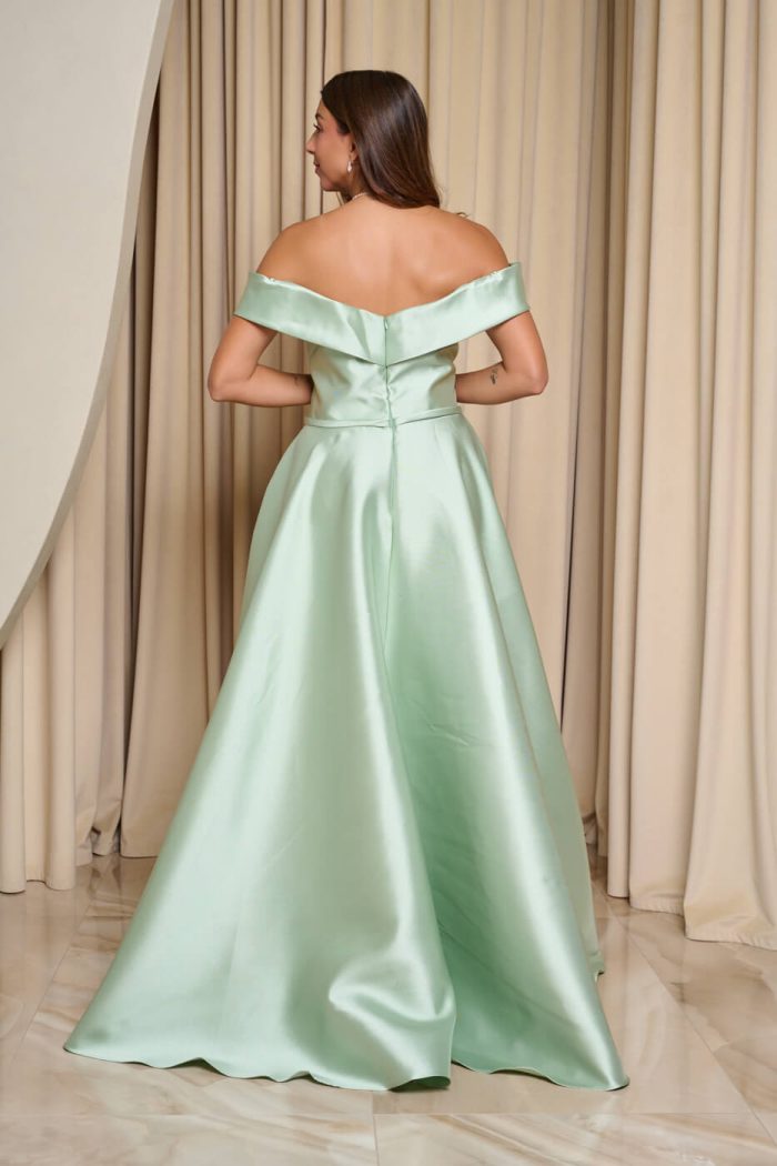 Φόρεμα maxi κλος σατέν off shoulder με πιέτες μέντα
