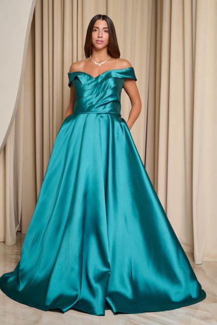 Φόρεμα maxi κλος σατέν off shoulder με πιέτες κυπαρισσί