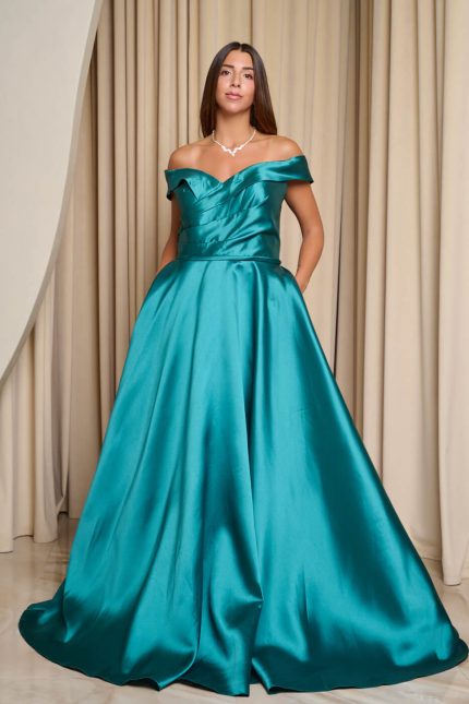 Φόρεμα maxi κλος σατέν off shoulder με πιέτες κυπαρισσί
