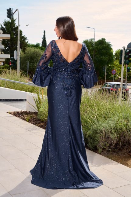 Φόρεμα maxi με κεντημένα floral σχέδια και τρισδιάστατο γκλίτερ midnight blue