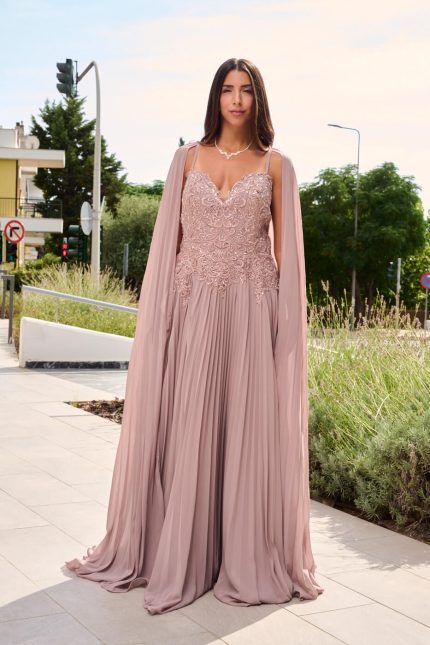 Φόρεμα maxi πλισέ με κεντημένα floral σχέδια dusty pink