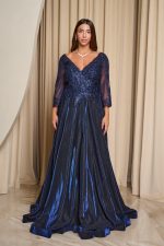 Φόρεμα maxi με κεντημένα floral σχέδια και lurex midnight blue