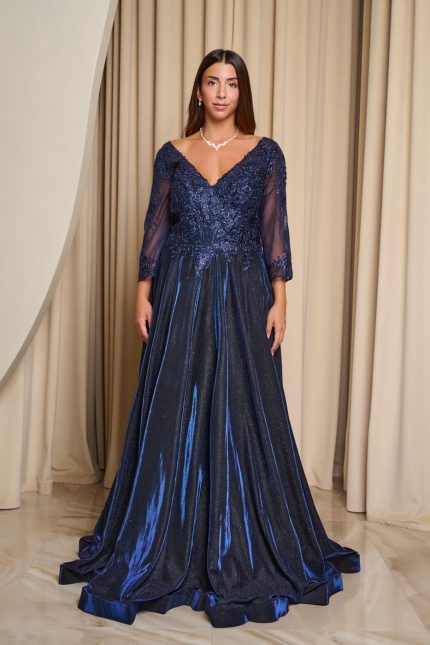 Φόρεμα maxi με κεντημένα floral σχέδια και lurex midnight blue