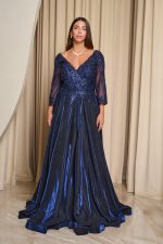 Φόρεμα maxi με κεντημένα floral σχέδια και lurex midnight blue