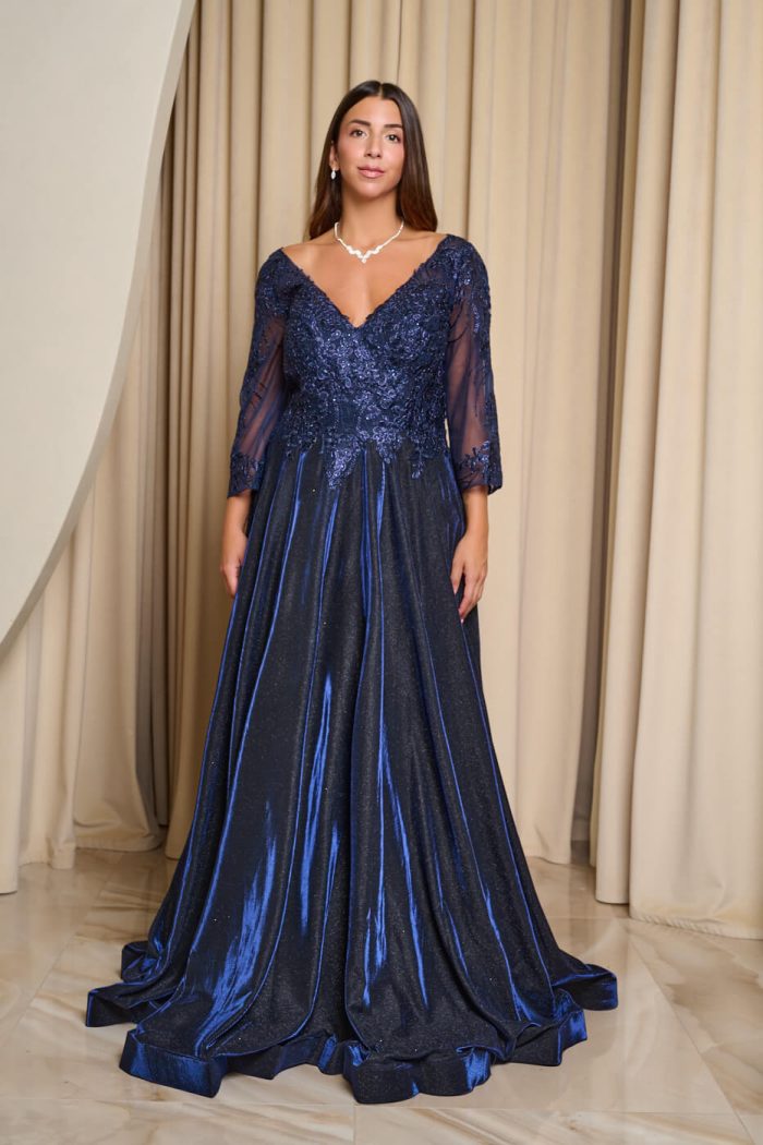 Φόρεμα maxi με κεντημένα floral σχέδια και lurex midnight blue