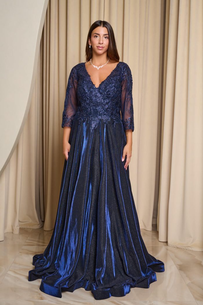 Φόρεμα maxi με κεντημένα floral σχέδια και lurex midnight blue