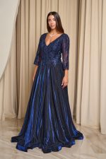 Φόρεμα maxi με κεντημένα floral σχέδια και lurex midnight blue