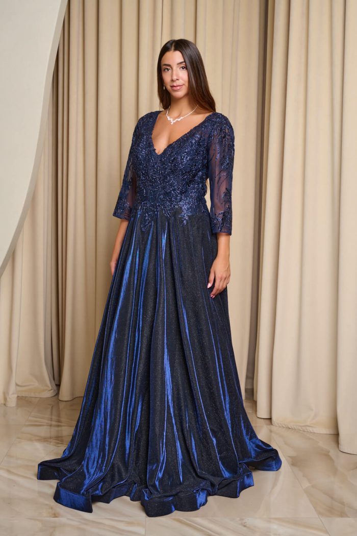 Φόρεμα maxi με κεντημένα floral σχέδια και lurex midnight blue