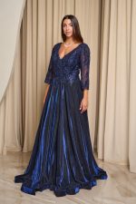 Φόρεμα maxi με κεντημένα floral σχέδια και lurex midnight blue