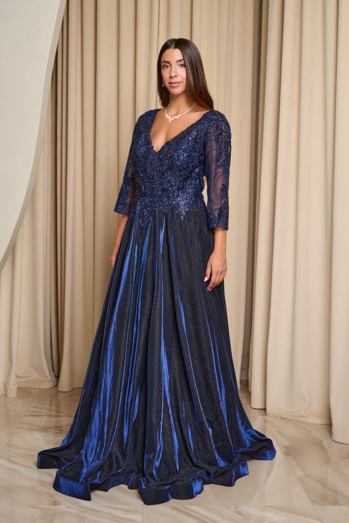 Φόρεμα maxi με κεντημένα floral σχέδια και lurex midnight blue