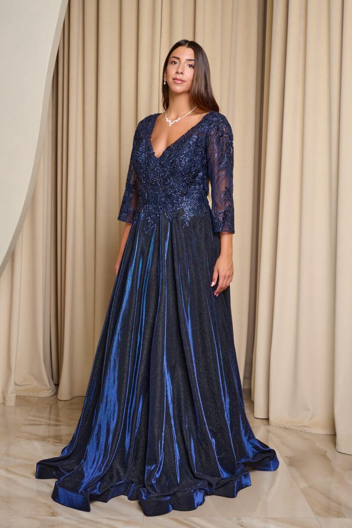 Φόρεμα maxi με κεντημένα floral σχέδια και lurex midnight blue