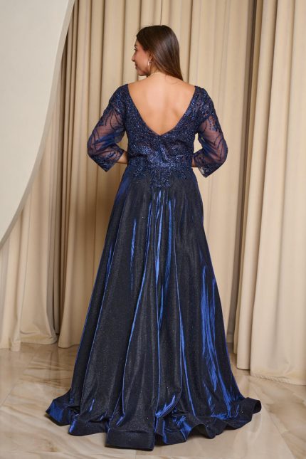 Φόρεμα maxi με κεντημένα floral σχέδια και lurex midnight blue