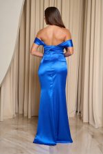 Φόρεμα maxi σατέν off shoulder με πιέτες μπλε ρουα
