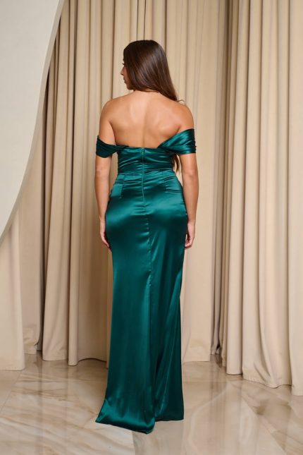 Φόρεμα maxi σατέν off shoulder με πιέτες κυπαρισσί
