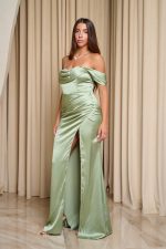 Φόρεμα maxi σατέν off shoulder με πιέτες μέντα
