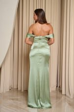Φόρεμα maxi σατέν off shoulder με πιέτες μέντα