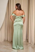 Φόρεμα maxi σατέν off shoulder με πιέτες μέντα