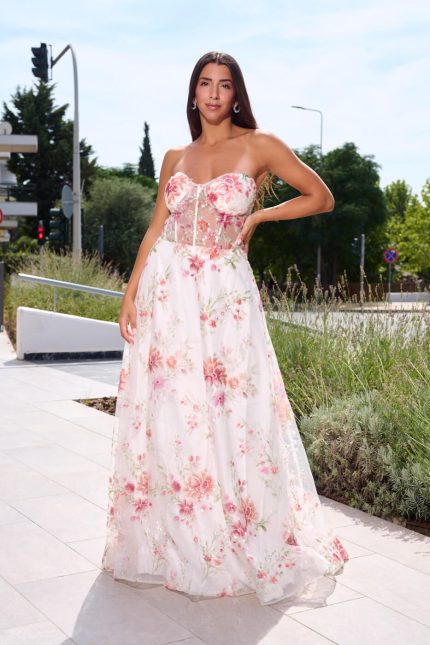 Φόρεμα maxi στράπλες floral print με τούλι και παγιέτες λευκό
