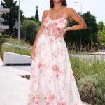 Φόρεμα maxi στράπλες floral print με τούλι και παγιέτες λευκό