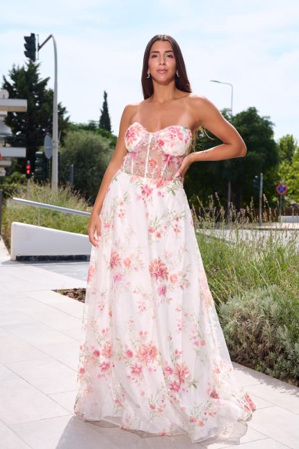 Φόρεμα maxi στράπλες floral print με τούλι και παγιέτες λευκό