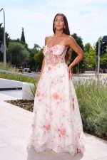 Φόρεμα maxi στράπλες floral print με τούλι και παγιέτες λευκό