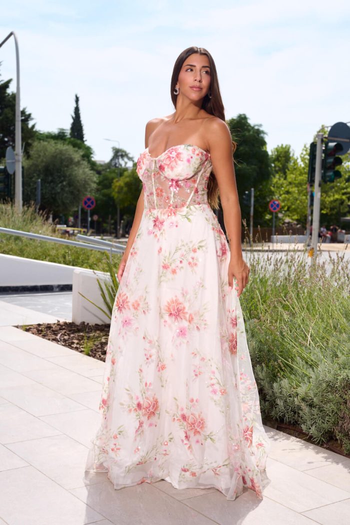 Φόρεμα maxi στράπλες floral print με τούλι και παγιέτες λευκό