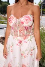 Φόρεμα maxi στράπλες floral print με τούλι και παγιέτες λευκό