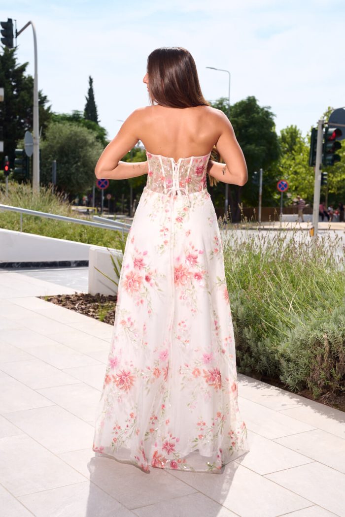 Φόρεμα maxi στράπλες floral print με τούλι και παγιέτες λευκό