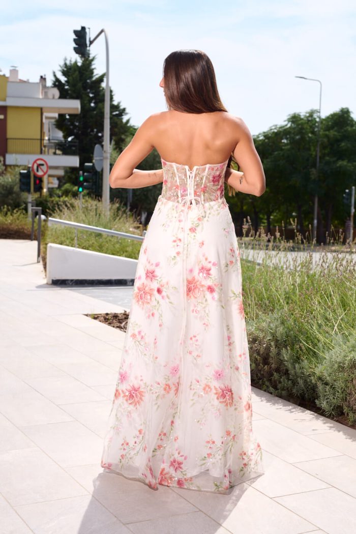 Φόρεμα maxi στράπλες floral print με τούλι και παγιέτες λευκό