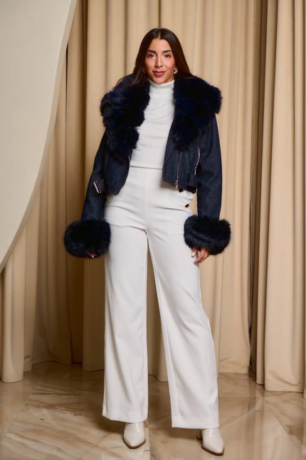 Τζάκετ τζιν με αποσπώμενη γούνα σκούρο μπλε